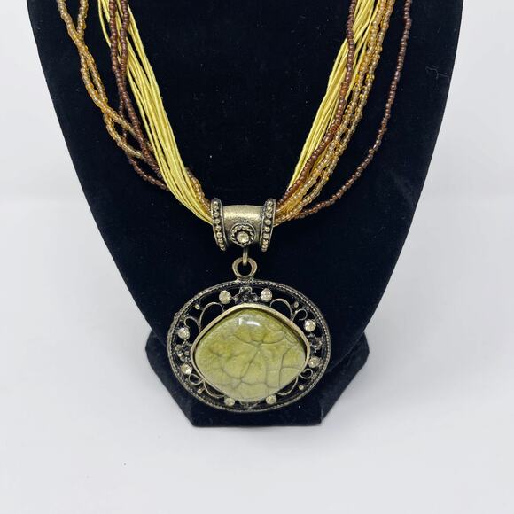 Multilayered Beaded Statement Necklace with Large Pendant Yellow Brown Green - Picture 2 of 7